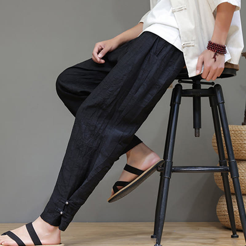 Nimara Ritual Bamboo Ankle Frog-button Drawstring Men's Pants With Pockets