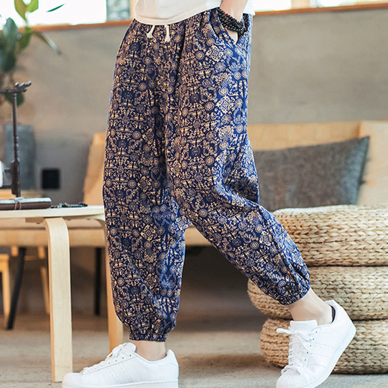 Nimara Ritual Golden Mandala Pattern Drawstring Men's Harem Pants With Pockets