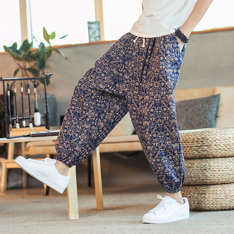 Nimara Ritual Golden Mandala Pattern Drawstring Men's Harem Pants With Pockets
