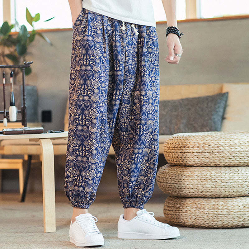 Nimara Ritual Golden Mandala Pattern Drawstring Men's Harem Pants With Pockets