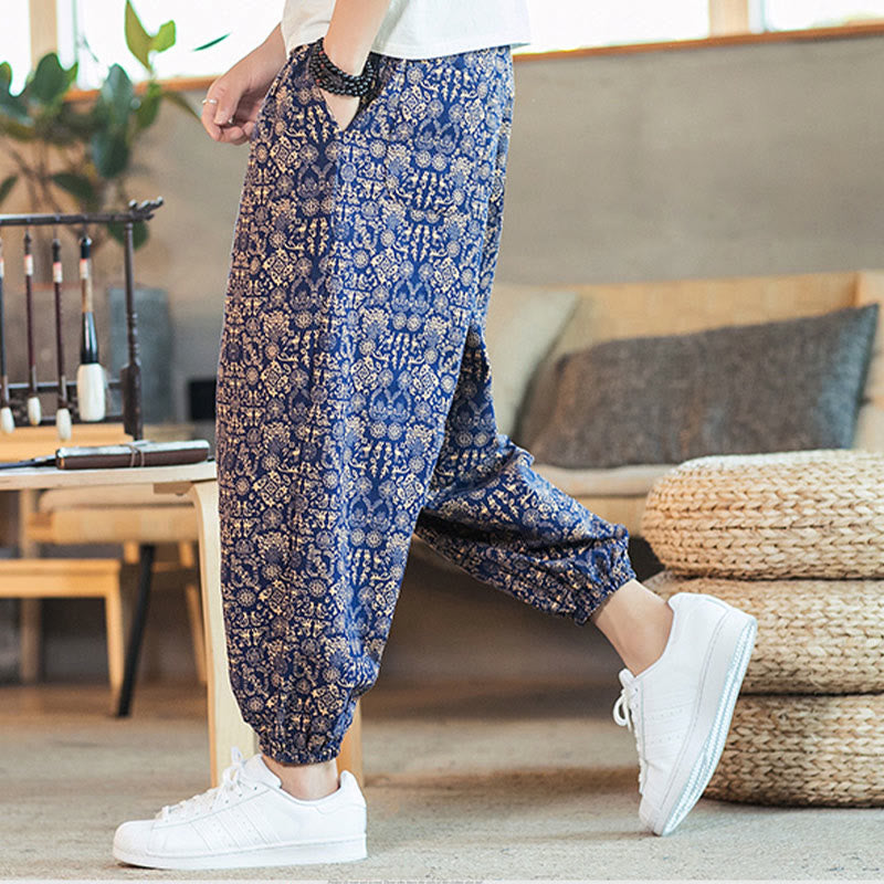 Nimara Ritual Golden Mandala Pattern Drawstring Men's Harem Pants With Pockets