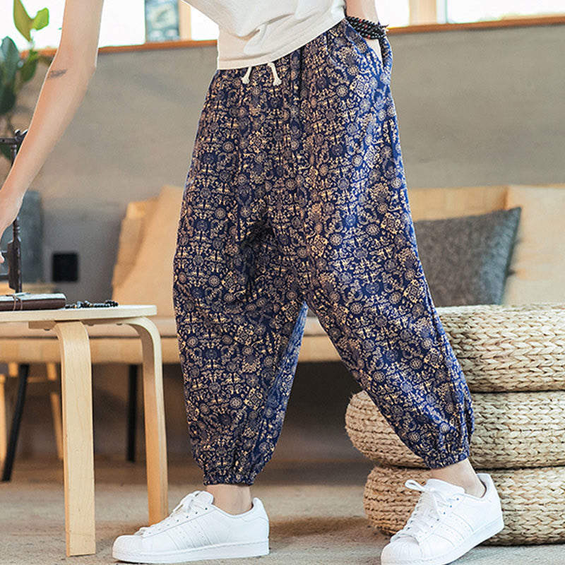 Nimara Ritual Golden Mandala Pattern Drawstring Men's Harem Pants With Pockets