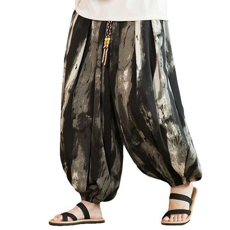 Nimara Ritual Black White Ink Gradient Cotton Linen Braided Drawstring Men's Harem Pants With Pockets