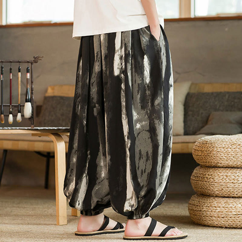 Nimara Ritual Black White Ink Gradient Cotton Linen Braided Drawstring Men's Harem Pants With Pockets