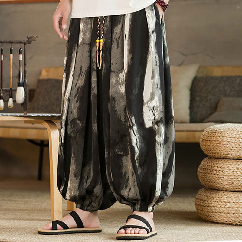 Nimara Ritual Black White Ink Gradient Cotton Linen Braided Drawstring Men's Harem Pants With Pockets