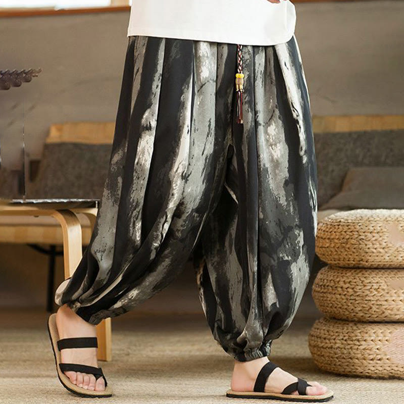 Nimara Ritual Black White Ink Gradient Cotton Linen Braided Drawstring Men's Harem Pants With Pockets