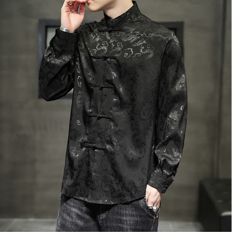 Nimara Ritual Casual Dragon Pattern Frog-button Tang Suit Linen Men's Jacket Shirt