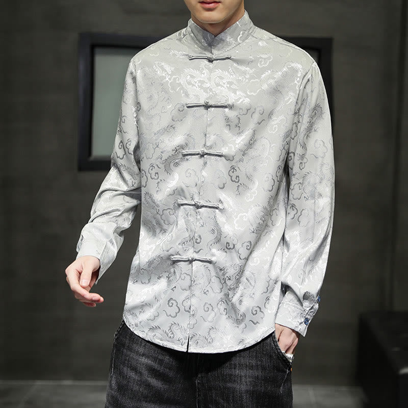 Nimara Ritual Casual Dragon Pattern Frog-button Tang Suit Linen Men's Jacket Shirt