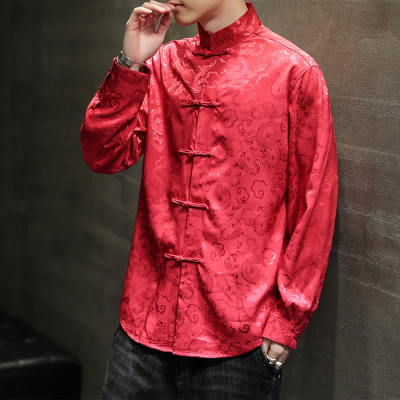 Nimara Ritual Casual Dragon Pattern Frog-button Tang Suit Linen Men's Jacket Shirt