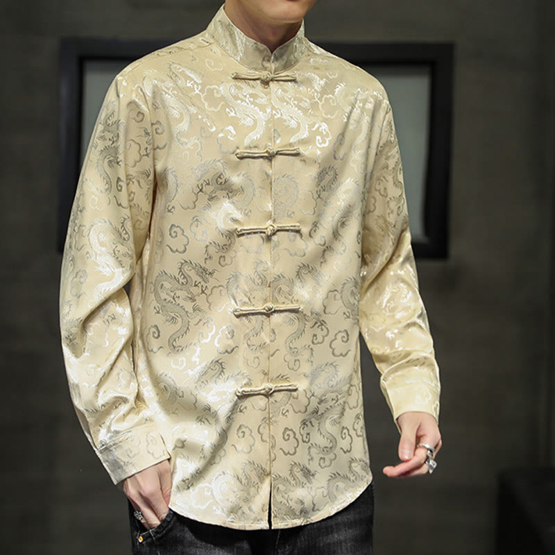 Nimara Ritual Casual Dragon Pattern Frog-button Tang Suit Linen Men's Jacket Shirt