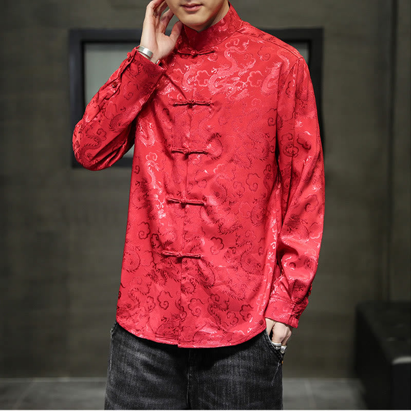 Nimara Ritual Casual Dragon Pattern Frog-button Tang Suit Linen Men's Jacket Shirt
