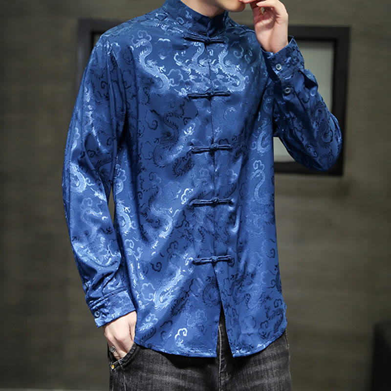 Nimara Ritual Casual Dragon Pattern Frog-button Tang Suit Linen Men's Jacket Shirt