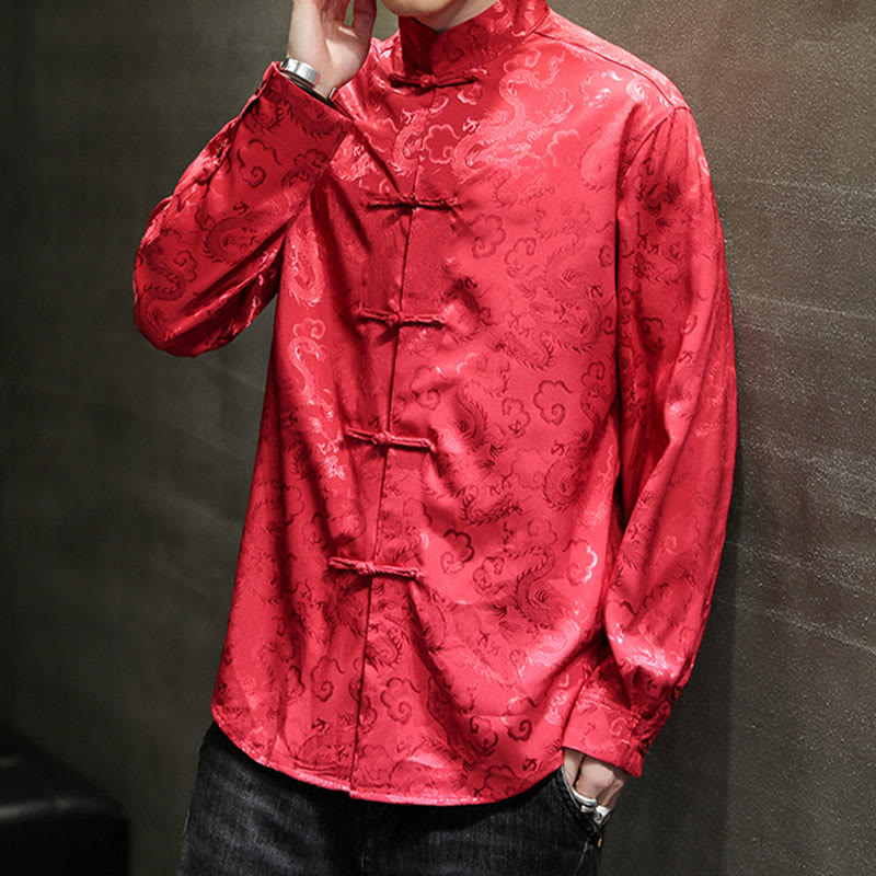 Nimara Ritual Casual Dragon Pattern Frog-button Tang Suit Linen Men's Jacket Shirt