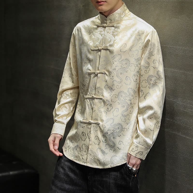 Nimara Ritual Casual Dragon Pattern Frog-button Tang Suit Linen Men's Jacket Shirt