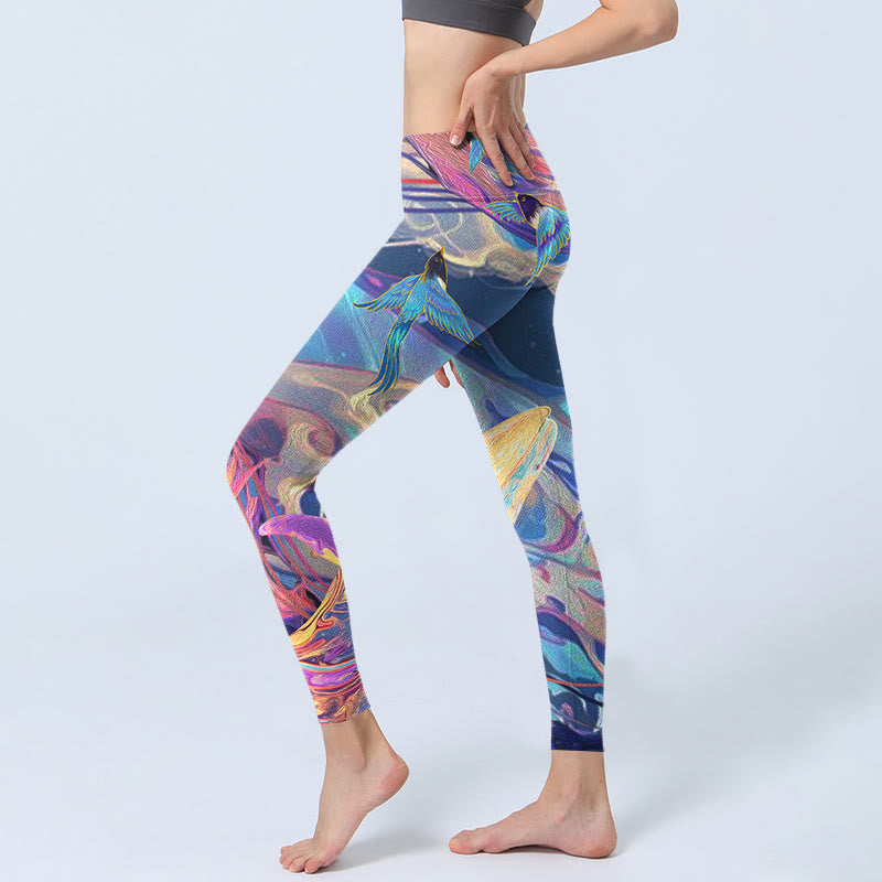 Nimara Ritual Whales Swallows Waves Print Gym Leggings Women's Yoga Pants