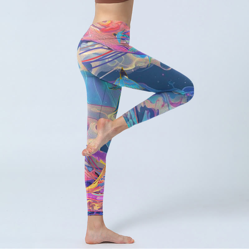 Nimara Ritual Whales Swallows Waves Print Gym Leggings Women's Yoga Pants