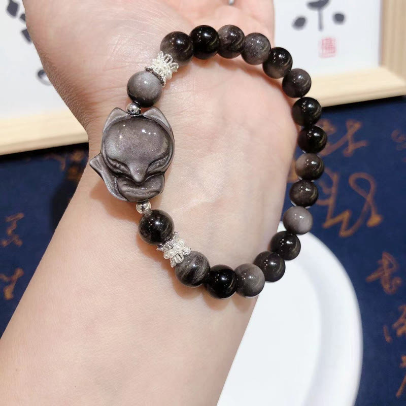 Nimara Ritual Natural Silver Sheen Obsidian Nine Tailed Fox Communication Bracelet
