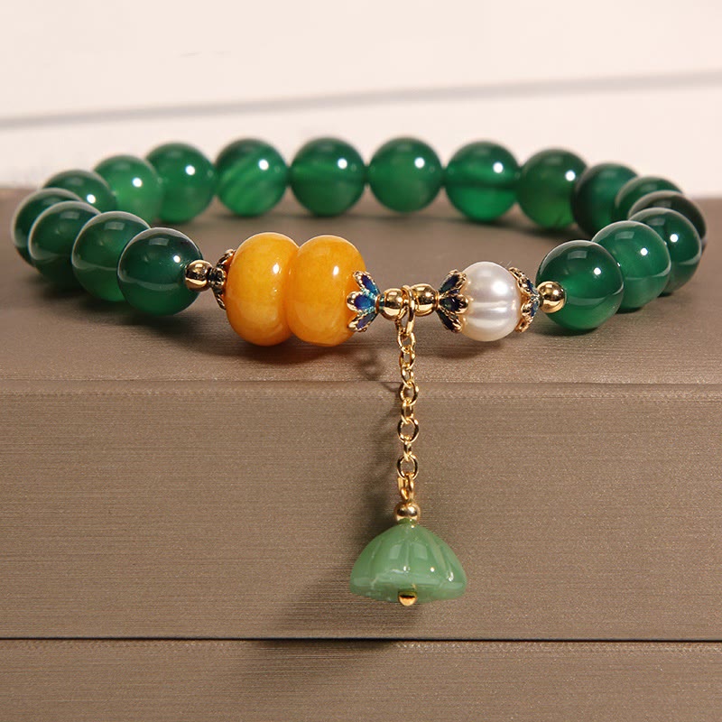 Nimara Ritual Green Agate Amber Pearl Lotus Pod Support Bracelet