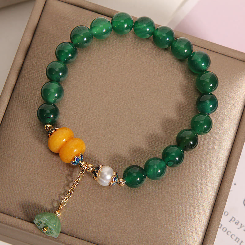 Nimara Ritual Green Agate Amber Pearl Lotus Pod Support Bracelet