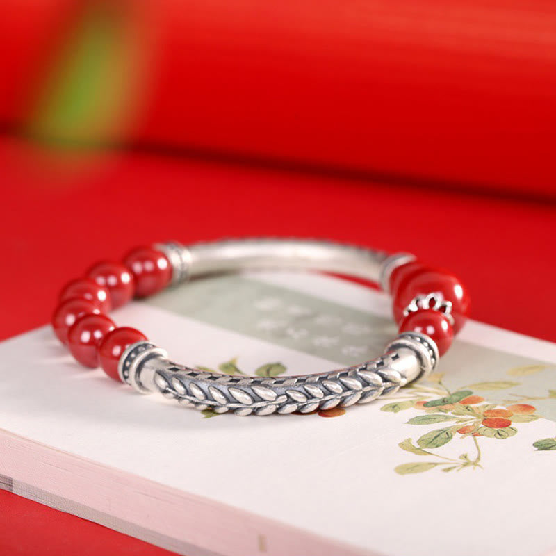 Nimara Ritual 999 Sterling Silver Cinnabar Wheat Ears Blessing Bracelet Bangle