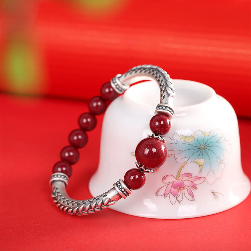 Nimara Ritual 999 Sterling Silver Cinnabar Wheat Ears Blessing Bracelet Bangle