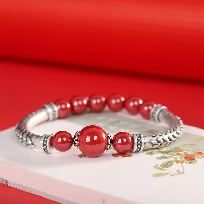 Nimara Ritual 999 Sterling Silver Cinnabar Wheat Ears Blessing Bracelet Bangle