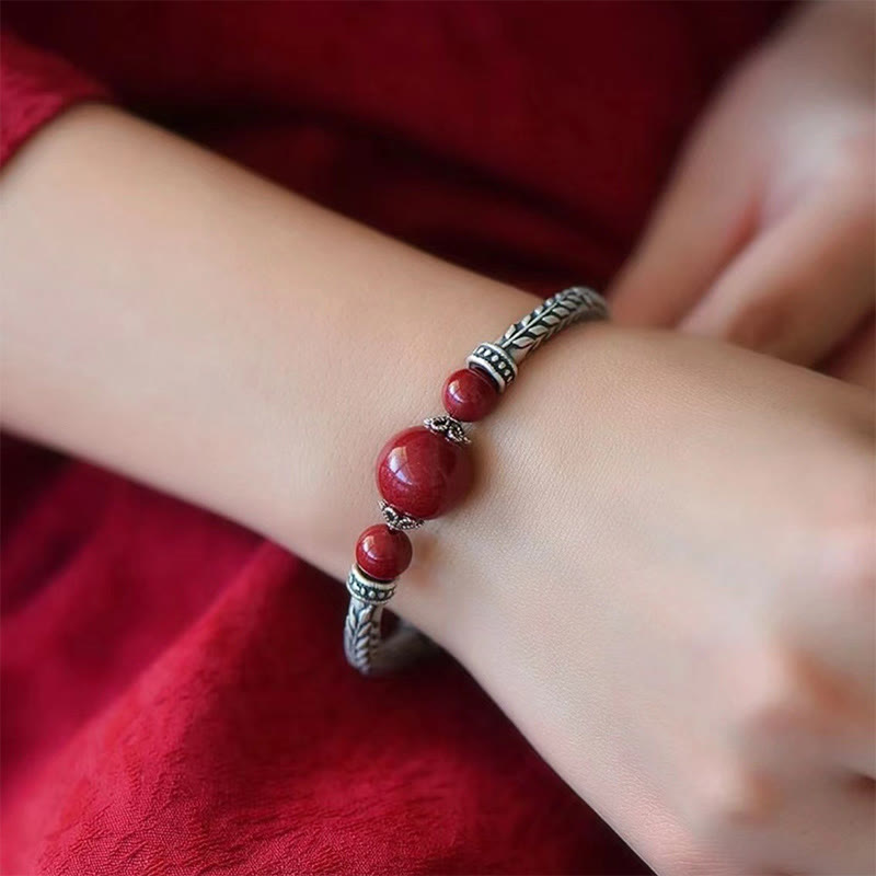 Nimara Ritual 999 Sterling Silver Cinnabar Wheat Ears Blessing Bracelet Bangle