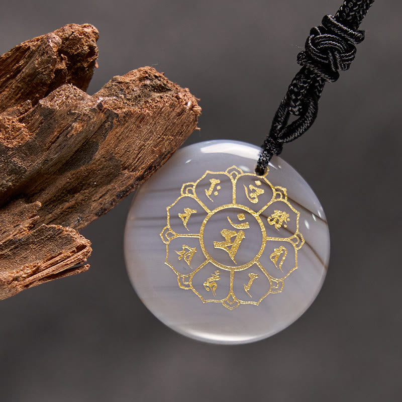 Nimara Ritual Om Mani Padme Hum Natural Various Crystal Black Obsidian Strength Necklace Pendant