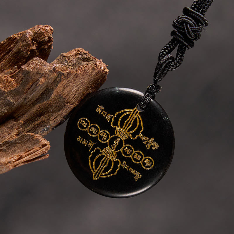 Nimara Ritual Vajra Dorje Sanskrit Pattern Natural Various Crystal Black Obsidian Fulfilment Necklace Pendant
