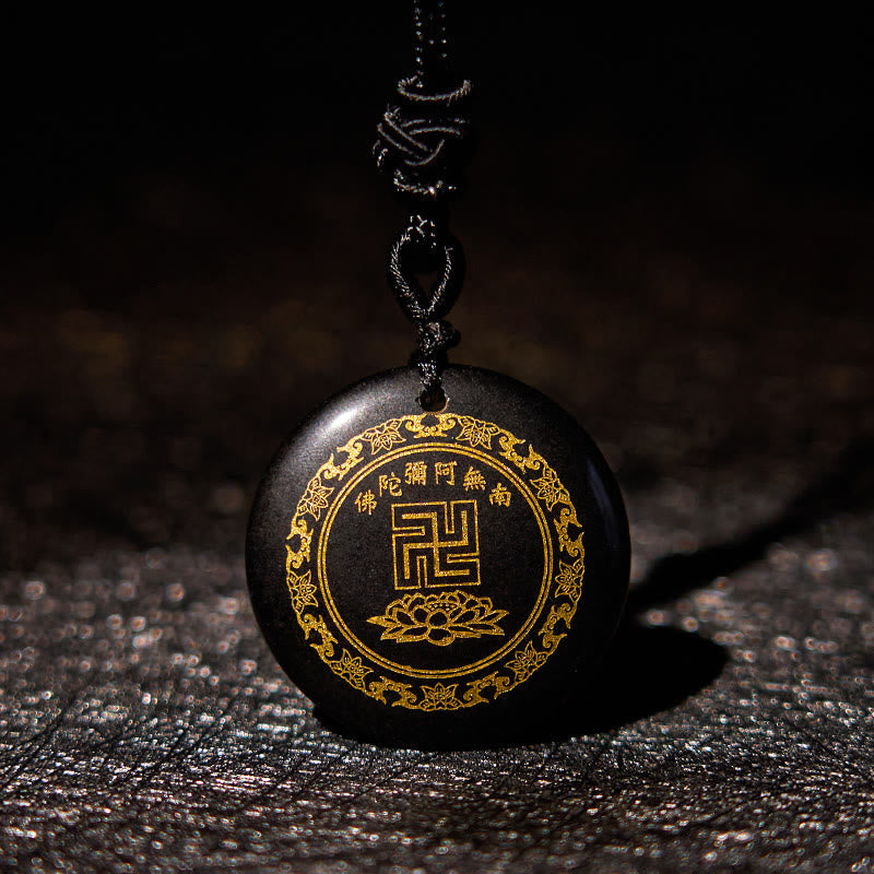 Nimara Ritual Swastika Lotus Pattern Natural Various Crystal Black Obsidian Purification Necklace Pendant