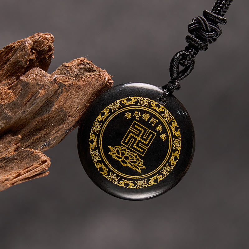 Nimara Ritual Swastika Lotus Pattern Natural Various Crystal Black Obsidian Purification Necklace Pendant