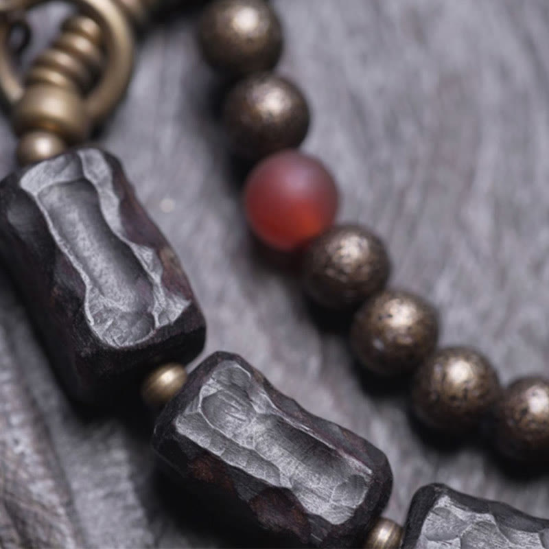 Nimara Ritual Ebony Wood Copper Brass Red Agate Peace Double Wrap Bracelet