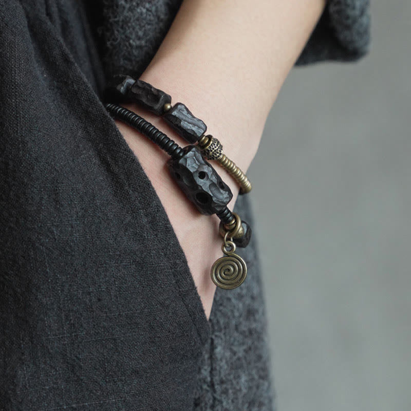Nimara Ritual Ebony Wood Copper Brass Red Agate Peace Double Wrap Bracelet