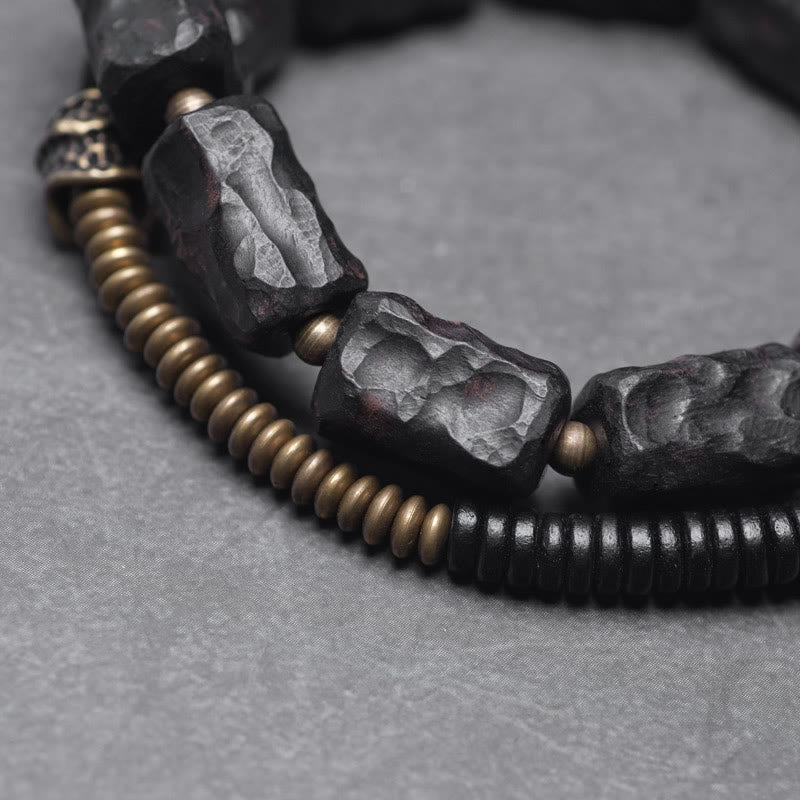 Nimara Ritual Ebony Wood Copper Brass Red Agate Peace Double Wrap Bracelet