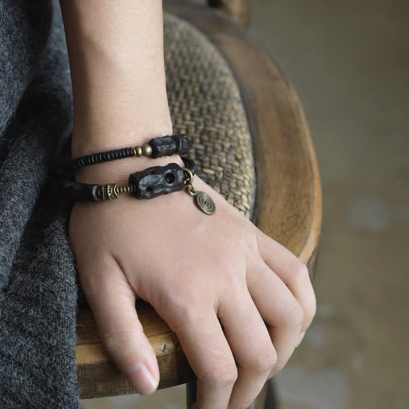 Nimara Ritual Ebony Wood Copper Brass Red Agate Peace Double Wrap Bracelet