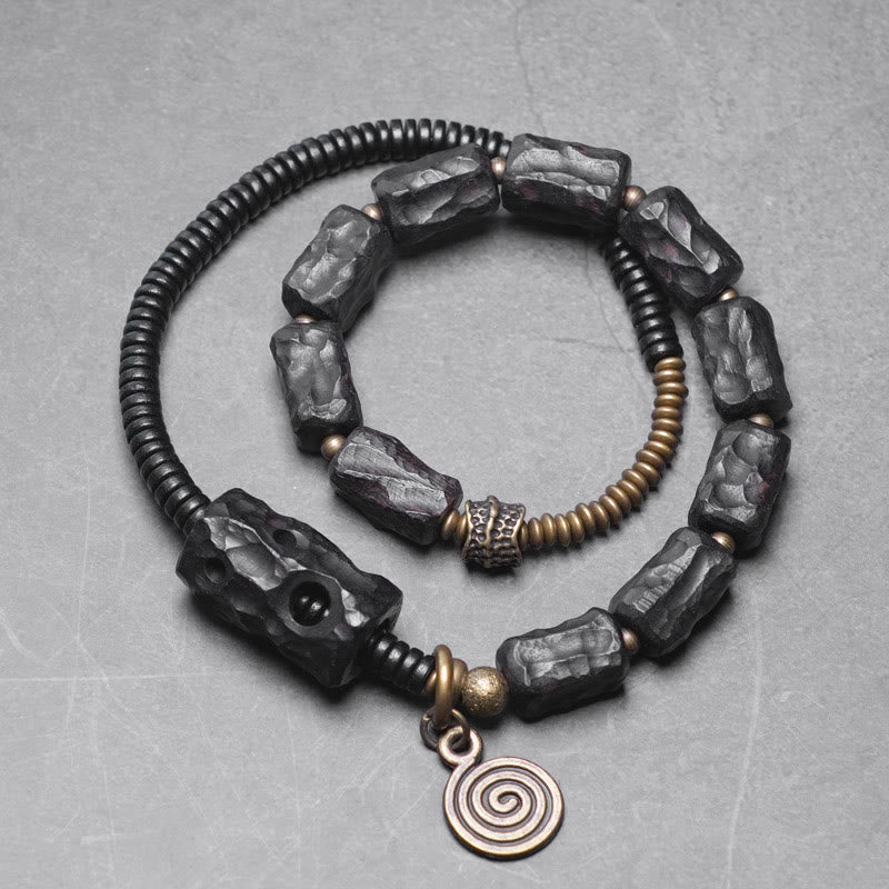 Nimara Ritual Ebony Wood Copper Brass Red Agate Peace Double Wrap Bracelet