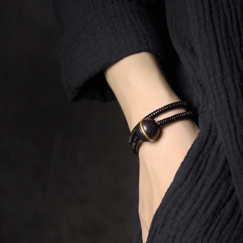 Nimara Ritual Ebony Wood Copper Brass Balance Ball Cuboid Double Wrap Bracelet Necklace