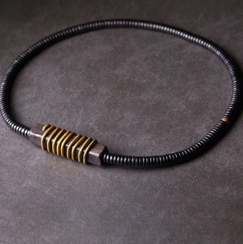 Nimara Ritual Ebony Wood Copper Brass Balance Ball Cuboid Double Wrap Bracelet Necklace