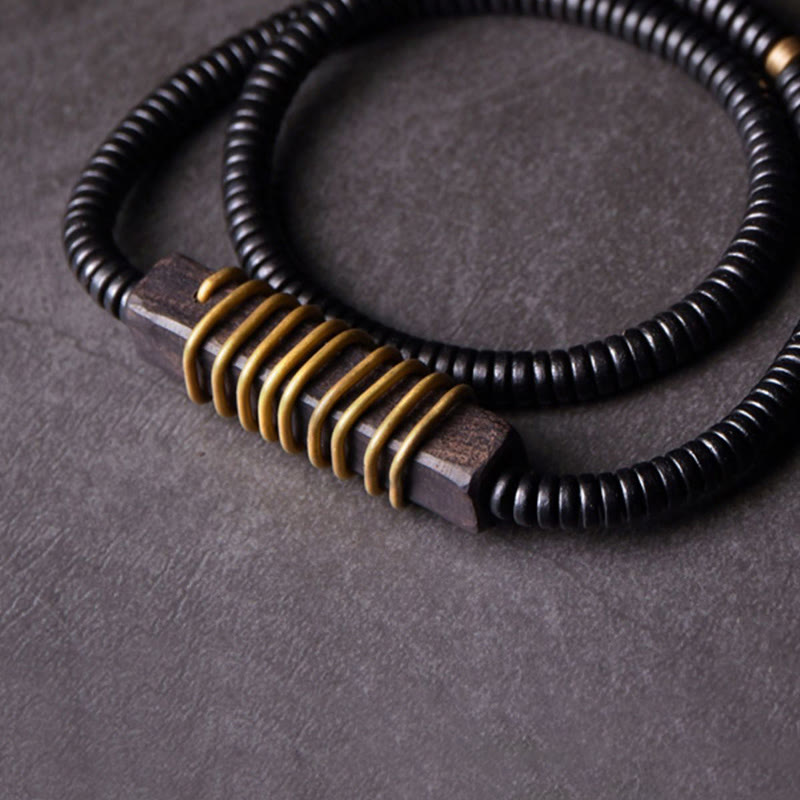 Nimara Ritual Ebony Wood Copper Brass Balance Ball Cuboid Double Wrap Bracelet Necklace