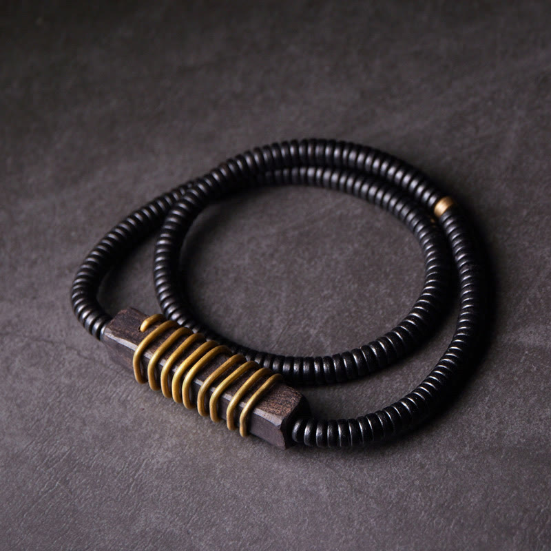 Nimara Ritual Ebony Wood Copper Brass Balance Ball Cuboid Double Wrap Bracelet Necklace