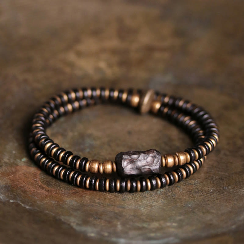Nimara Ritual Ebony Wood Green Sandalwood Copper Brass Calm Double Wrap Bracelet