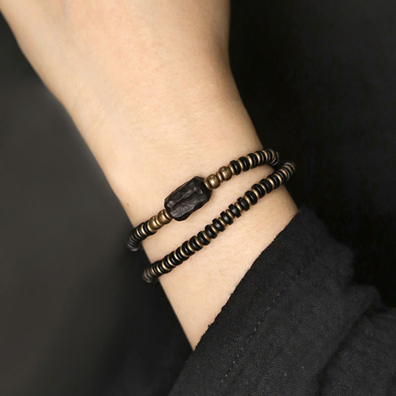 Nimara Ritual Ebony Wood Green Sandalwood Copper Brass Calm Double Wrap Bracelet