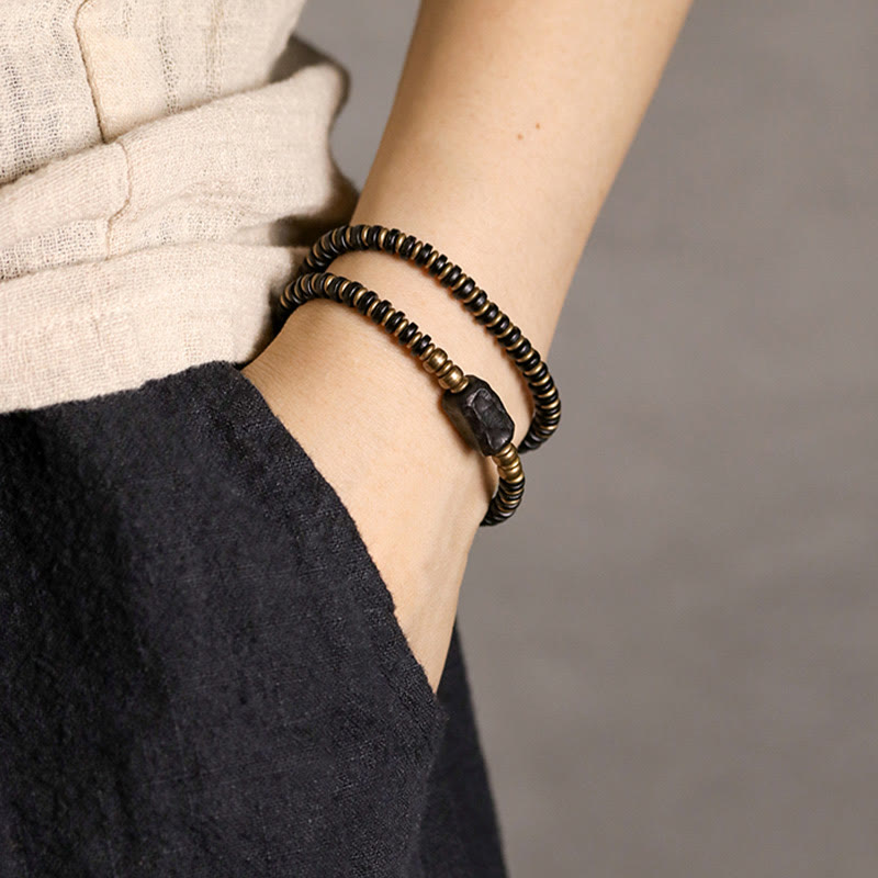 Nimara Ritual Ebony Wood Green Sandalwood Copper Brass Calm Double Wrap Bracelet