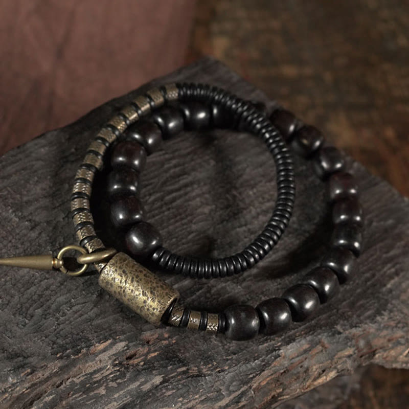 Nimara Ritual Ebony Wood Copper Brass Vintage Bead Cone Double Wrap Balance Bracelet