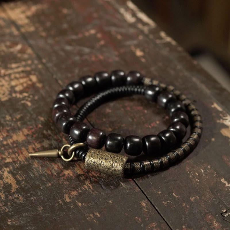 Nimara Ritual Ebony Wood Copper Brass Vintage Bead Cone Double Wrap Balance Bracelet