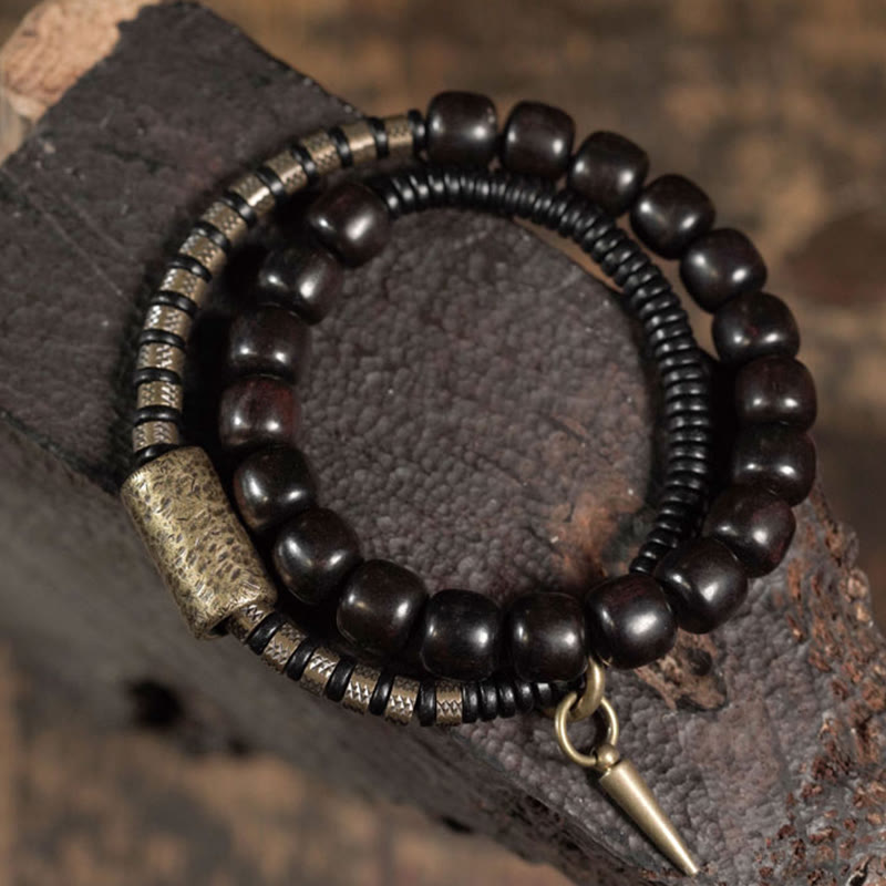 Nimara Ritual Ebony Wood Copper Brass Vintage Bead Cone Double Wrap Balance Bracelet