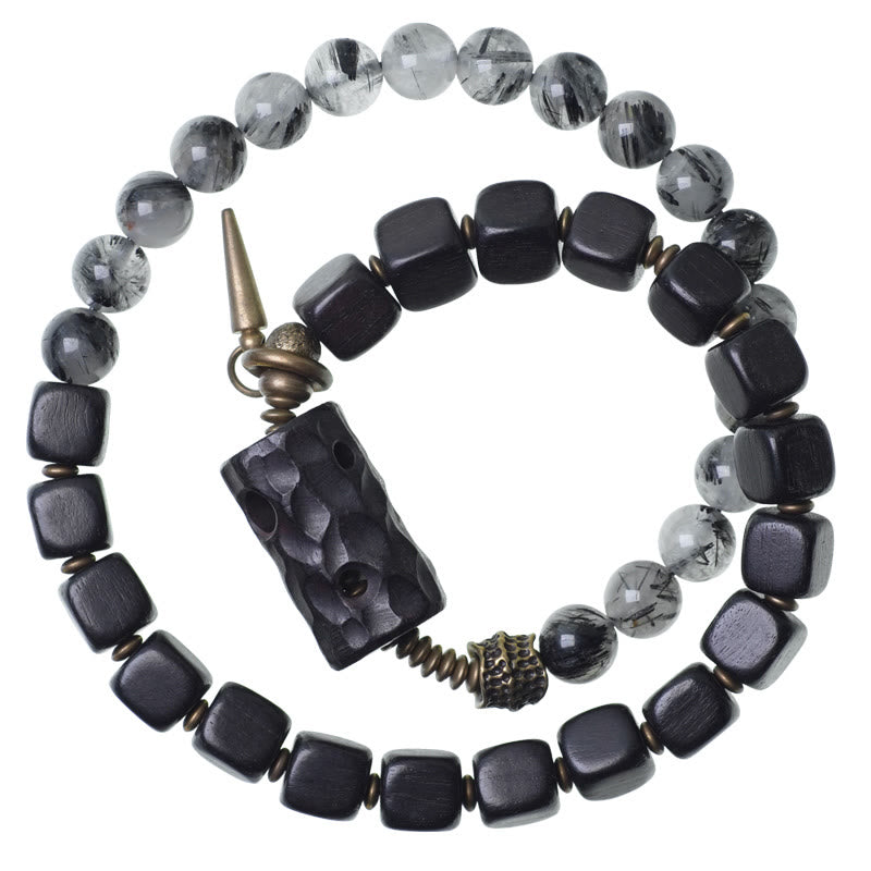 Nimara Ritual Ebony Wood Black Rutilated Quartz Copper Brass Double Wrap Balance Bracelet