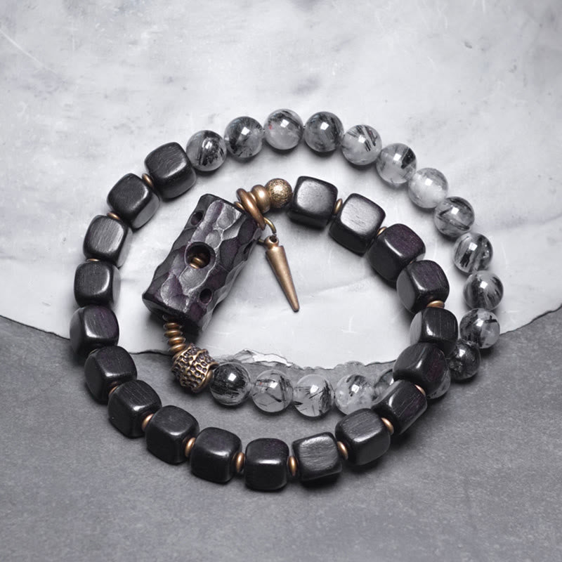 Nimara Ritual Ebony Wood Black Rutilated Quartz Copper Brass Double Wrap Balance Bracelet