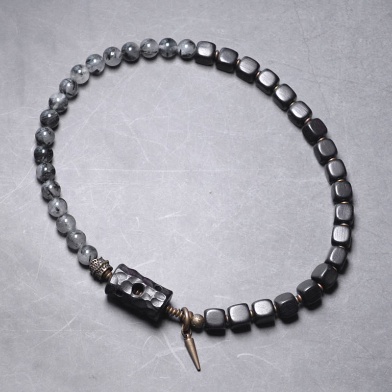 Nimara Ritual Ebony Wood Black Rutilated Quartz Copper Brass Double Wrap Balance Bracelet