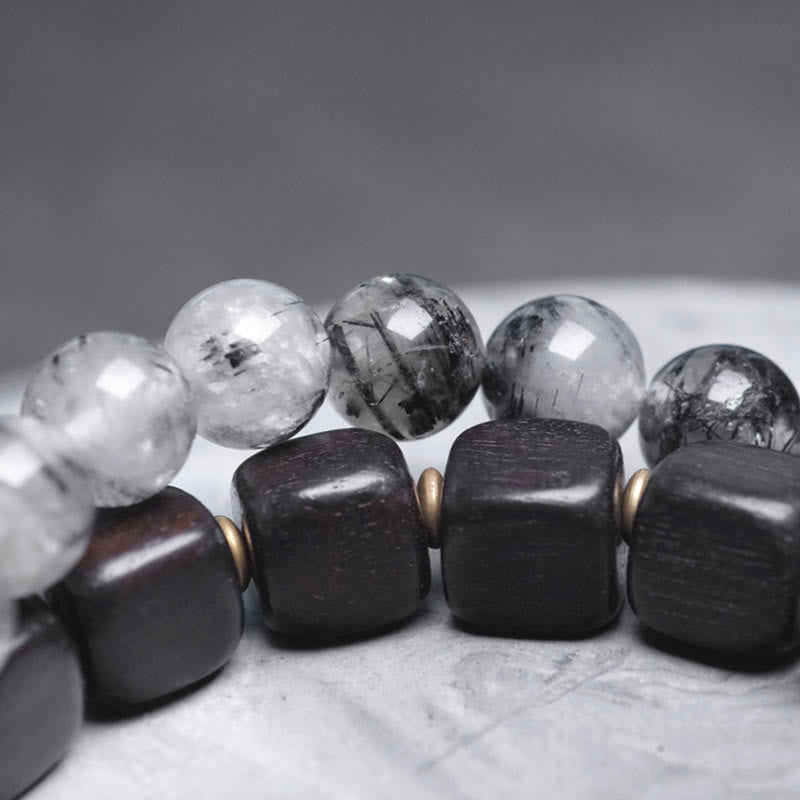 Nimara Ritual Ebony Wood Black Rutilated Quartz Copper Brass Double Wrap Balance Bracelet